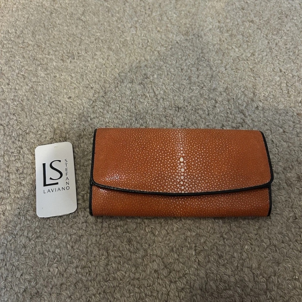 Stefano Laviano Orange Genuine Stingray Leather Trifold Clutch Wallet FAST SHIP!